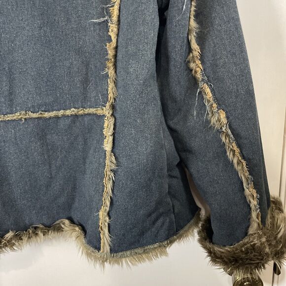 Vintage Jacket Coat Shaggy Penny Lane Denim Faux Fur Women’s Small Y2K Trucker - Picture 9 of 11